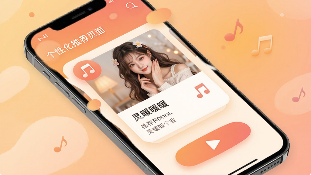 灵暖暖 个性化推荐页面 手机界面展示 暖色渐变背景 主体为推荐卡片与播放按钮 布局错落有致 排版美观 风格柔和治愈 细节包含音乐图标与文字卡片 画质高清 干净 无多余元素