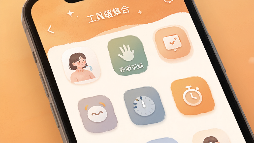 灵暖暖 工具集合页面 手机界面展示 暖色系背景 主体为多个工具图标 布局网格排列 排版整齐 风格简约温馨 细节包含呼吸训练与计时器图标 画质高清 干净 无多余元素