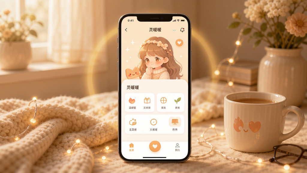 灵暖暖 1.0.7版本 温暖治愈风格 手机应用界面展示 柔和暖色调 背景温馨舒适 主体为手机屏幕显示灵暖暖主界面 布局居中 排版简洁 风格清新治愈 细节包含柔和光晕与温暖元素 画质高清 干净 无多余元素