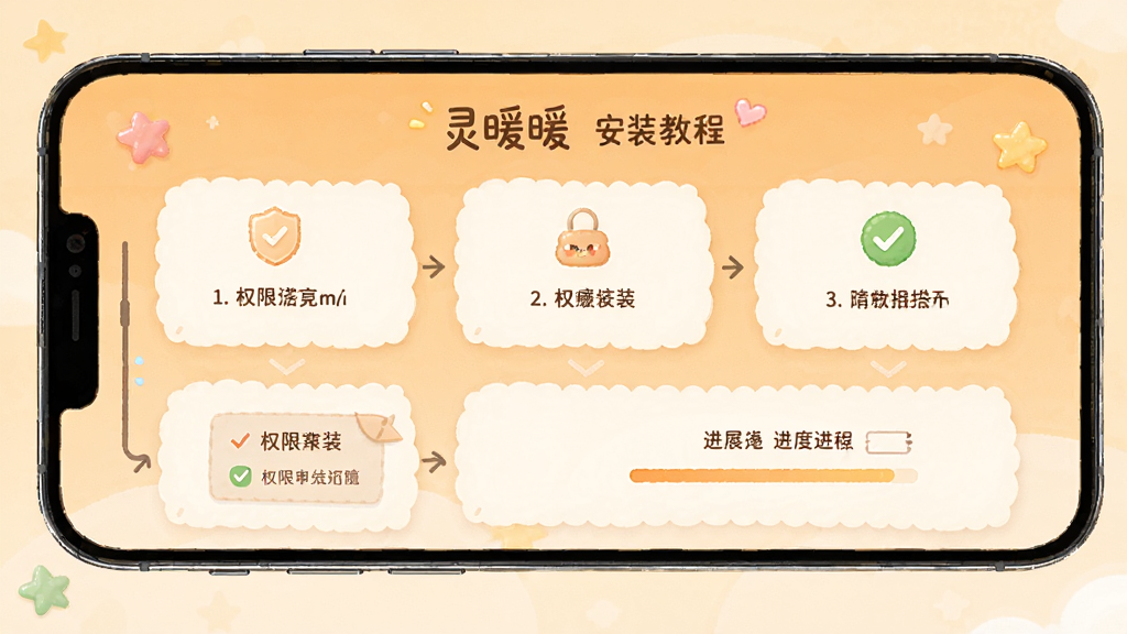 灵暖暖 安装教程 手机屏幕展示 暖色背景 主体为安装步骤示意图与勾选图标 布局分步排列 排版清晰 风格简洁友好 细节包含权限提示与进度条 画质高清 干净 无多余元素