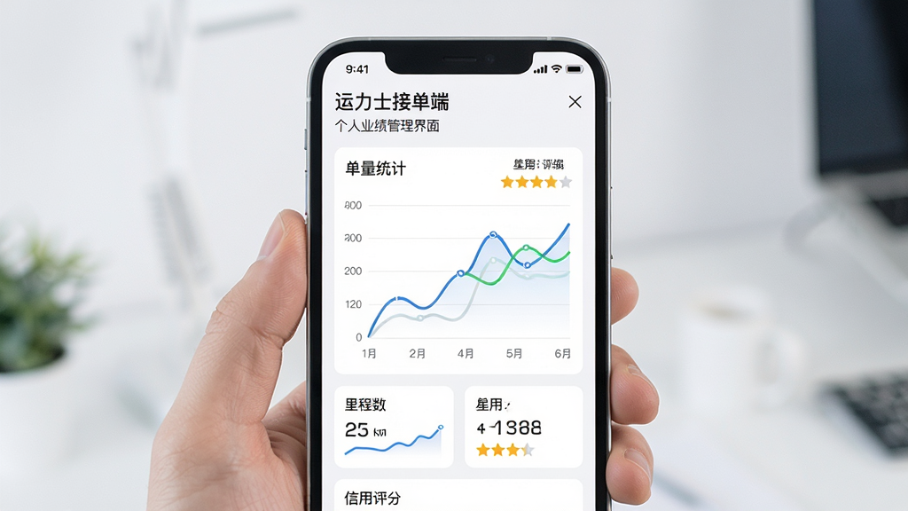 运力士接单端 个人业绩管理界面 手机屏幕显示数据图表与信用评分 主体为手机与折线图 布局为居中展示 排版清晰 风格现代简约 细节包含单量统计 里程数据 星级评价 画质高清 干净 无多余元素