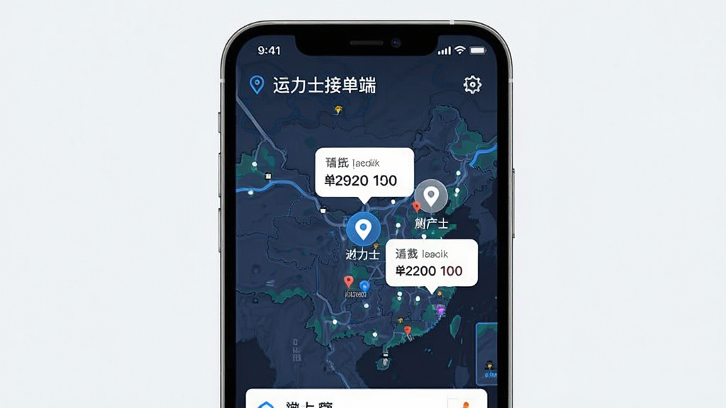 运力士接单端 智能货源推送界面 手机屏幕显示附近订单地图 主体为地图与订单气泡 布局为手机居中展示 排版简洁 风格科技感 细节包含定位图标 距离标注 运费金额 画质清晰 干净 无多余元素