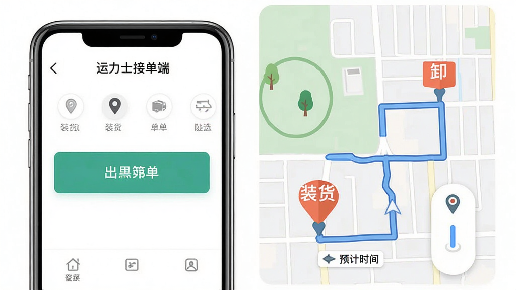 运力士接单端 一键抢单功能展示 手机界面显示抢单按钮与导航路线 主体为手机与路线图 布局为左手机右地图 排版直观 风格扁平化 细节包含装货地标记 卸货地标记 预计时间 画质高清 干净 无多余元素