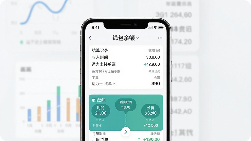 运力士接单端 运费结算页面 手机屏幕显示收入明细与钱包余额 主体为手机与数据图表 布局为上下结构 排版规整 风格商务简约 细节包含结算记录 到账时间 月度汇总 画质清晰 干净 无多余元素