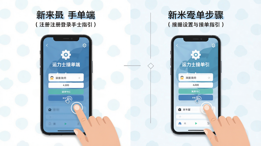 运力士接单端 新手操作指引 手机屏幕展示注册登录与接单设置步骤 主体为手机界面分步展示 布局为左右对比 排版清晰 风格扁平插画 细节包含手机 手指点击 设置图标 画质高清 干净 无多余元素