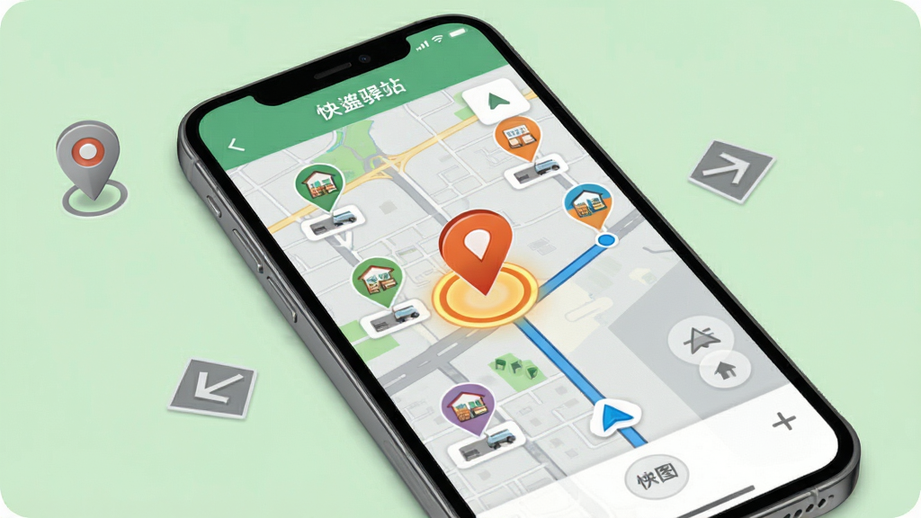 ȡ��������վ������ͼ���棬����չʾ�ֻ���Ļ��Ƕ��ͼ����ͼ���ж�������վ��ǵ㣬����һ����ǵ㱻�����Ŵ��Ա���ʾ����·�ߣ��ֻ���Χ�ж�λͼ���뷽���ͷ������Ϊǳ��ɫ���ɫ�����дʵ��ϸ�����������ʸ��壬�ɾ��޶���Ԫ��