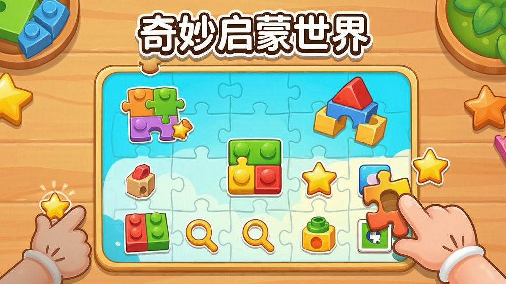 һ��չʾ�������������硱������Ϸ����Ĳ廭�������ǿ�ͨ������Ϸ���棬����ƴͼ�顢��ɫ��ľ���Ҳ�ͬ��Сͼ�ꡣ���ֲ��ø��ӽǶȣ���ϷԪ��ɢ����ľ�������ϡ����Ϊ�������õĶ�ͯ��ϷUI���ϸ���ϣ�����һ���п�ͨС�������϶�ƴͼ���Ա������ǽ���ͼ�꣬����д�š������������硱����������������ɾ����޶���Ԫ�ء�