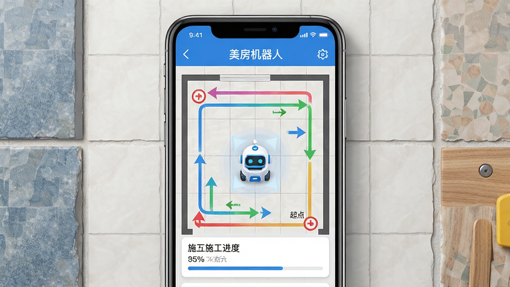 ����Ϊ�����������ˡ�App��·���滮���棬������ʾ��שƽ��ͼ�ϻ����Ų�ɫʩ��·�������������ͼ�ꣻ����Ϊ�ֻ���Ļ����չʾ�����ܻ��ƴ�ש�������Ű�Ϊ����ƽ�湹ͼ�����Ϊ���ܿƼ���Ҿ�װ�޽�Ϸ磻ϸ�ڰ���ֱ��·����ת���ͷ������յ��ǡ�ʩ�����Ȱٷֱȣ�����Ϊ���壬�ɾ����޶���Ԫ��