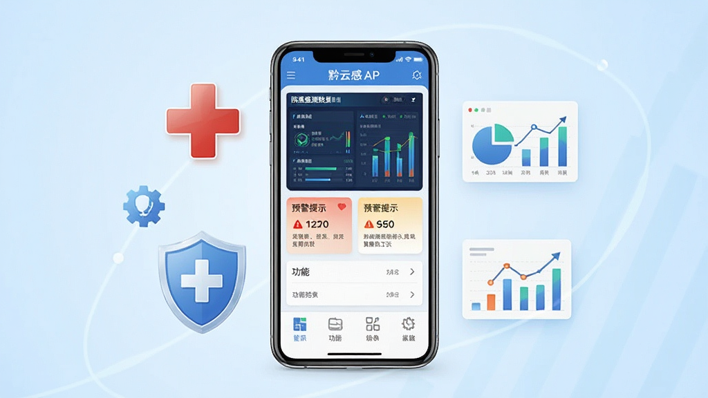 一张展示黔云感控手机应用主界面的图片,画面中央是一部竖屏智能手机,屏幕上显示黔云感控APP的首页界面,包含院感监测数据看板、预警提示卡片和功能菜单图标,手机周围环绕着医疗十字、盾牌和数据分析图表等元素,背景为干净的浅蓝色渐变,整体风格专业简洁,画质清晰,无多余杂乱元素