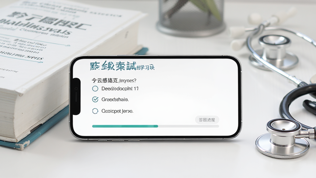 一张展示黔云感控知识学习模块的图片,画面中一部手机横屏展示在线考试界面,屏幕上有题目选项和答题进度条,手机旁边摆放着医学书籍和听诊器,背景是整洁的办公桌面,整体风格清新明亮,画质细腻,无多余装饰