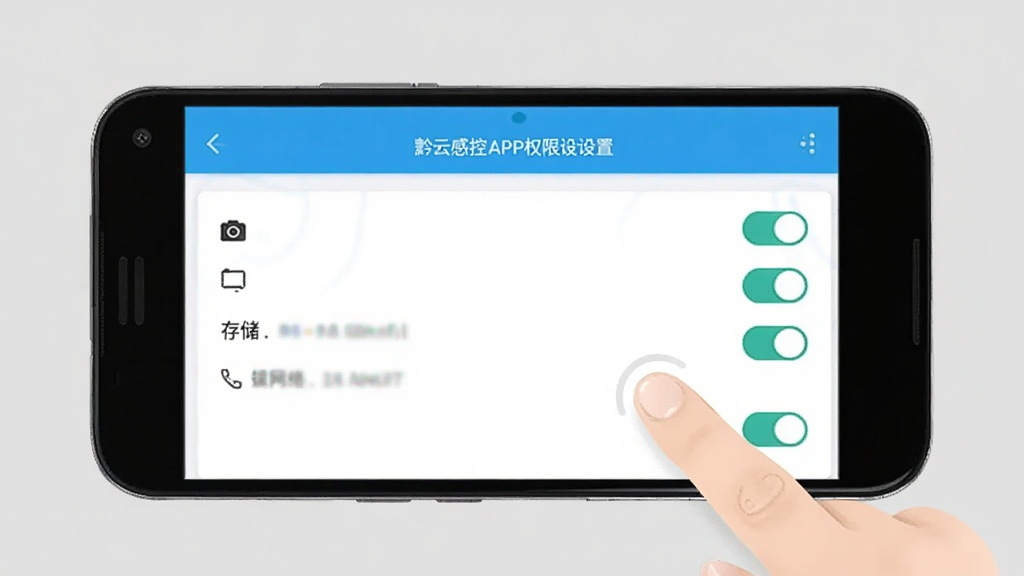 一部安卓手机展示黔云感控APP的权限设置页面,界面清晰列出相机、存储、网络等权限开关,手机旁边有手指点击屏幕的示意动作,背景为浅灰色纯色,整体风格简洁直观,画质清晰,无多余元素