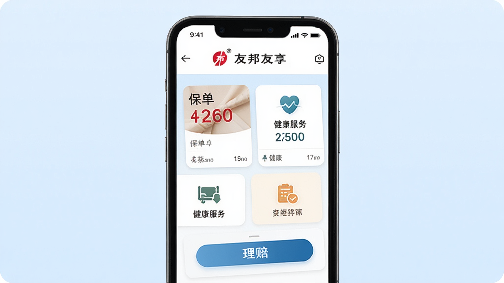 手机屏幕展示友邦友享App主界面,顶部显示友邦友享Logo,页面包含保单卡片、健康服务入口、理赔按钮等模块,背景为干净的浅蓝色渐变,画面风格简约商务,细节清晰,画质高清,干净无多余元素