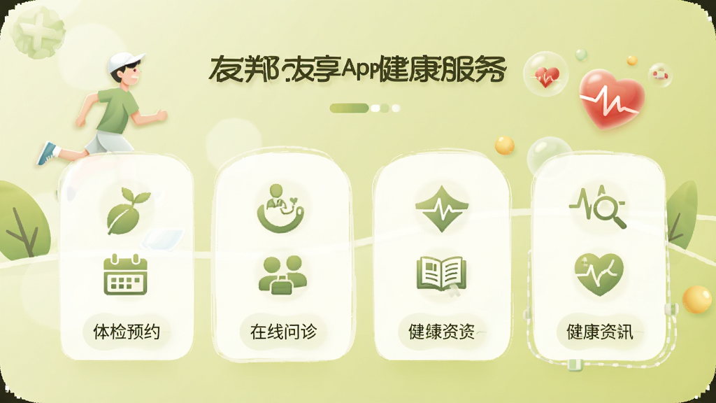 友邦友享App健康服务页面,展示体检预约、在线问诊、健康资讯等图标入口,背景为温暖的浅绿色调,画面中有健康生活的元素如跑步、心率图标,整体风格清新自然,画质高清干净