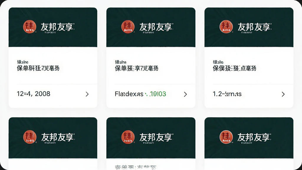友邦友享App保单管理页面截图风格,画面中央展示多张保单卡片整齐排列,每张卡片上有友邦友享标志,背景为纯白色,界面风格清爽简约,文字清晰可读,画质干净高清