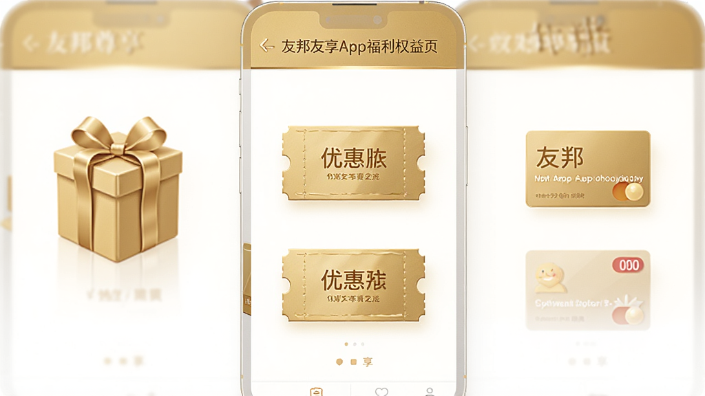 友邦友享App福利权益页面,画面展示礼盒、优惠券、会员卡等图标元素,界面布局整洁,色调以金色和白色为主,突出尊享感,画质高清,干净无多余元素