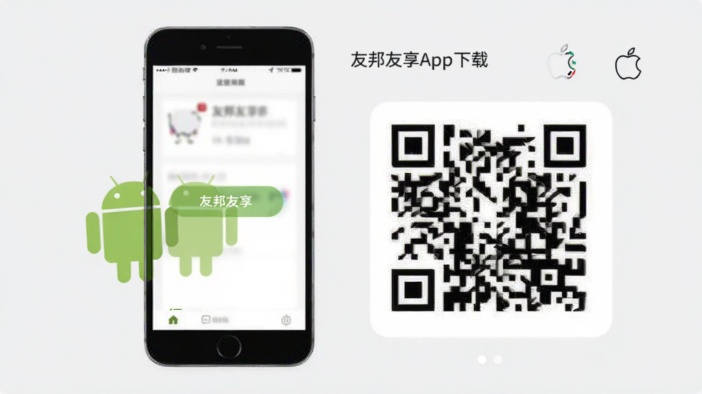友邦友享App下载页面展示,手机屏幕显示友邦友享下载按钮和二维码,背景为浅灰色,画面简洁干净,有安卓机器人图标和苹果图标,画质高清,无多余元素