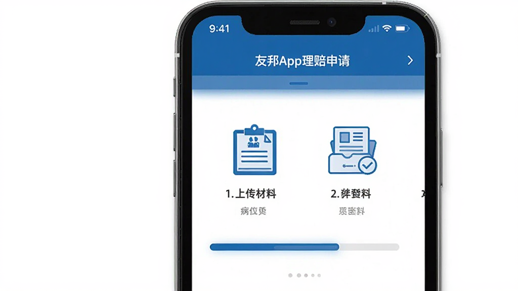 友邦友享App理赔申请页面,手机界面显示上传材料的步骤提示和进度条,画面中有病历和发票的图标元素,整体风格简洁专业,色调以蓝色和白色为主,画质高清,干净无多余元素