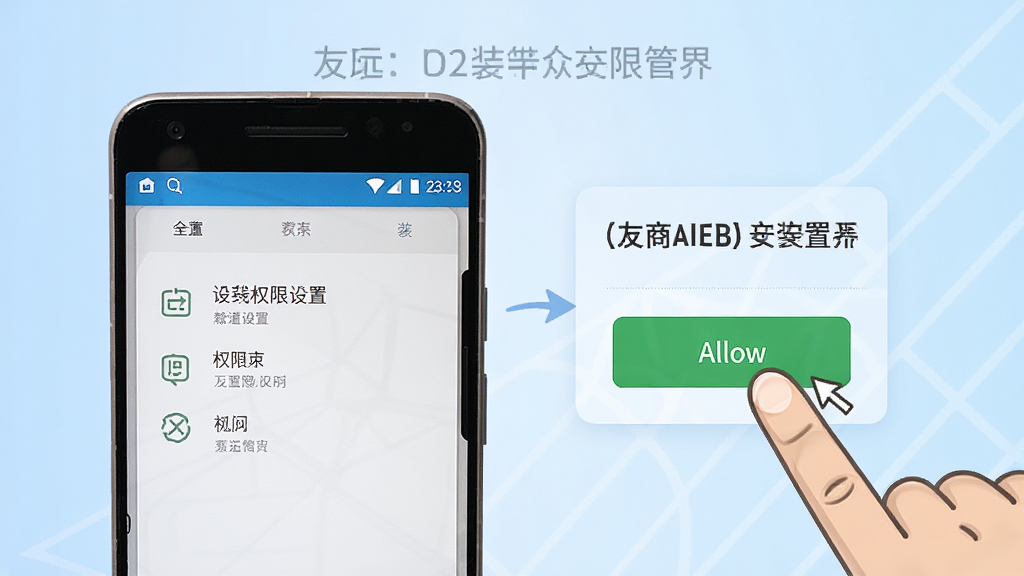 友商在线新手安装设置界面展示,一部安卓手机显示权限管理页面,旁边有手指点击允许按钮的动作示意,背景为浅蓝色渐变,风格简洁教程感,细节清晰,画质高清,无多余元素