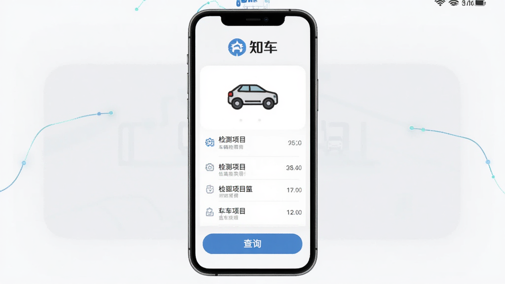 知车软件主界面截图,手机屏幕中央显示车辆检测报告概览,背景为浅灰色,界面简洁清晰,顶部有知车Logo,中部展示车辆图标与检测项目列表,底部有查询按钮,整体风格现代科技感,画质清晰干净无多余元素