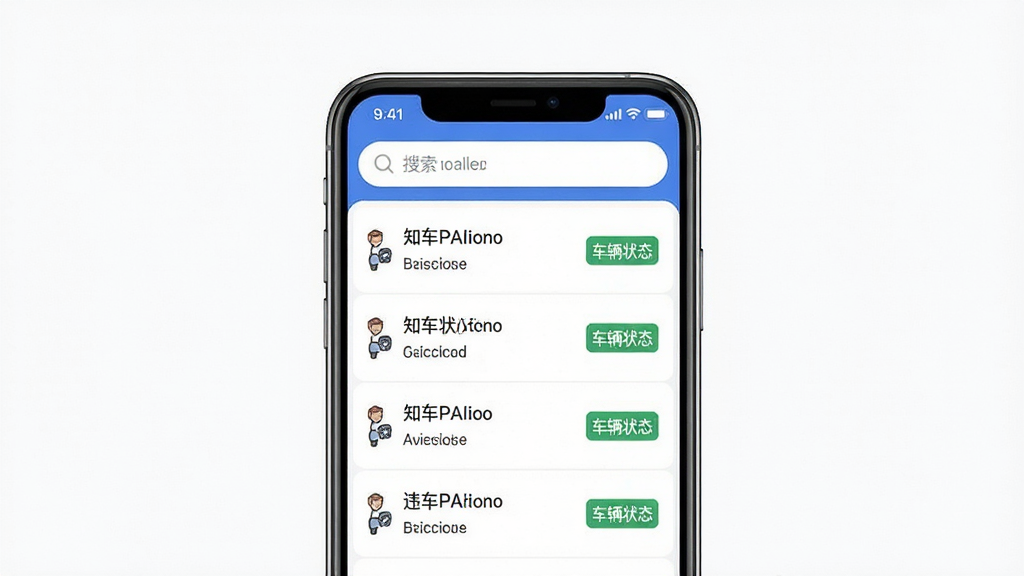 知车违章与状态查询界面,手机屏幕显示违章记录列表与车辆状态标签,背景为白色,列表项清晰分隔,顶部有搜索栏,整体简洁实用,画质清晰无多余元素