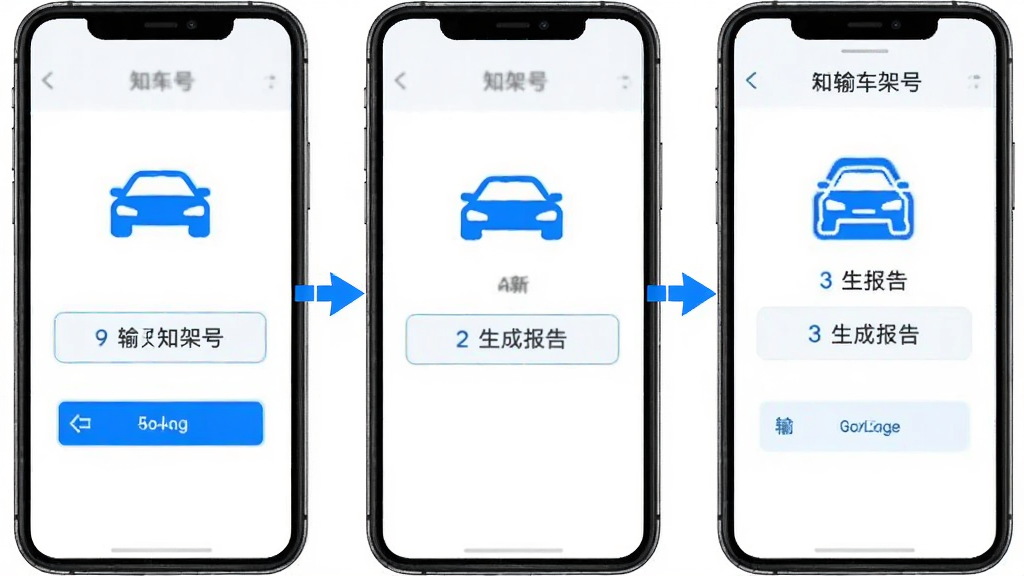 知车APP查询操作流程图,手机屏幕显示从输入车架号到生成报告的三个步骤,界面简洁,背景为白色,图标为蓝色,画质清晰,无多余元素