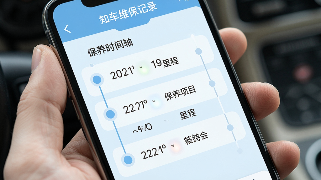 知车维保记录查询界面,手机屏幕显示保养时间轴,包含日期、里程、保养项目等条目,背景为浅蓝色,图标为圆形小点,整体风格清新,画质清晰干净