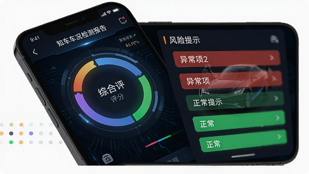 知车车况检测报告界面,手机屏幕显示综合评分环形图与风险提示列表,异常项用红色标注,正常项用绿色标注,背景为深色模式,界面科技感强,画质清晰,无多余元素