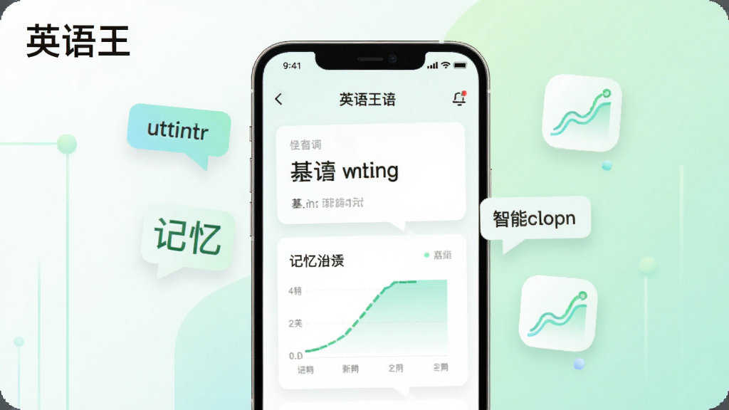 一张展示英语王智能词汇记忆功能的界面截图风格图片,画面中手机屏幕显示单词卡片和记忆曲线图表,旁边有漂浮的单词标签和记忆曲线图标,背景为干净的白色和淡绿色调,风格简约科技,画质清晰,图片中可带有文字“英语王”