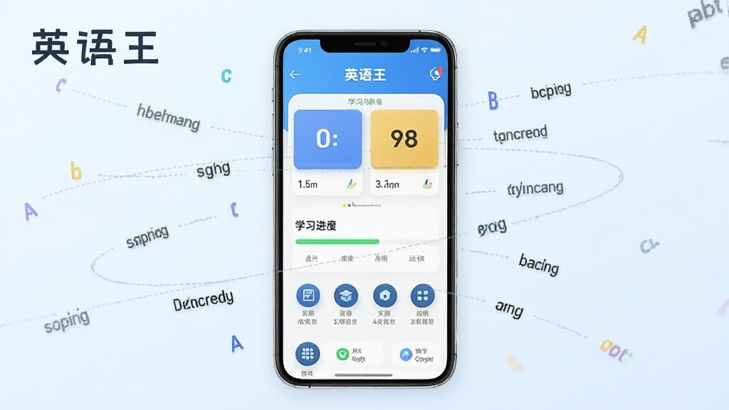 一张展示英语王软件界面的产品宣传图,画面中央是一部智能手机,屏幕上显示英语王APP的首页,包含单词卡片、学习进度条和功能图标,手机周围环绕着漂浮的英文单词和字母,背景为柔和的浅蓝色渐变,整体风格清新简洁,突出教育科技感,画质清晰,干净无多余元素,图片中可带有文字“英语王”