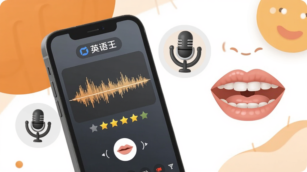 一张展示英语王口语跟读功能的场景图,画面中手机屏幕显示录音波形和评分星星,旁边有麦克风图标和发音口型示意图,背景为温暖的橙色和白色调,风格活泼友好,画质清晰,图片中可带有文字“英语王”