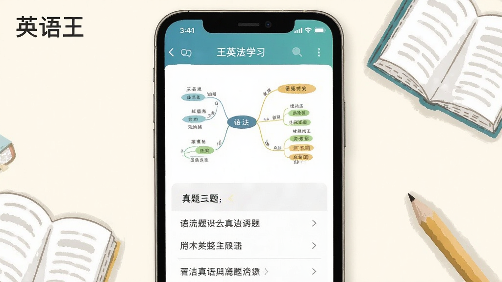 一张展示英语王语法学习界面的图片,画面中手机屏幕显示语法思维导图和真题列表,周围有书本和铅笔的插画元素,背景为淡雅的米白色调,风格学术清新,画质清晰,图片中可带有文字“英语王”