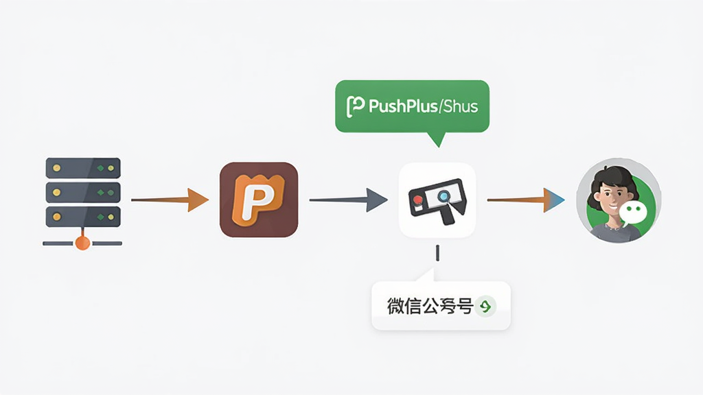һ��չʾPushPlus΢���������̵�ʾ��ͼ������Ϊһ���ӷ�������΢�Ź��ں��ٵ��û�΢�ŵ���Ϣ��ת·��������Ϊ��������ͼ�����Ϊ������ͼ�꣬�м�ΪPushPlus��ʶ�͹��ں�ͼ�꣬�Ҳ�Ϊ�û�΢��ͷ�񣬷��Ϊ��������ƽ����ϸ�ڰ�����ͷ���ӡ���Ϣ���ݡ�Ʒ��ɫ��׺�����ʸ��塢�ɾ����޶���Ԫ��