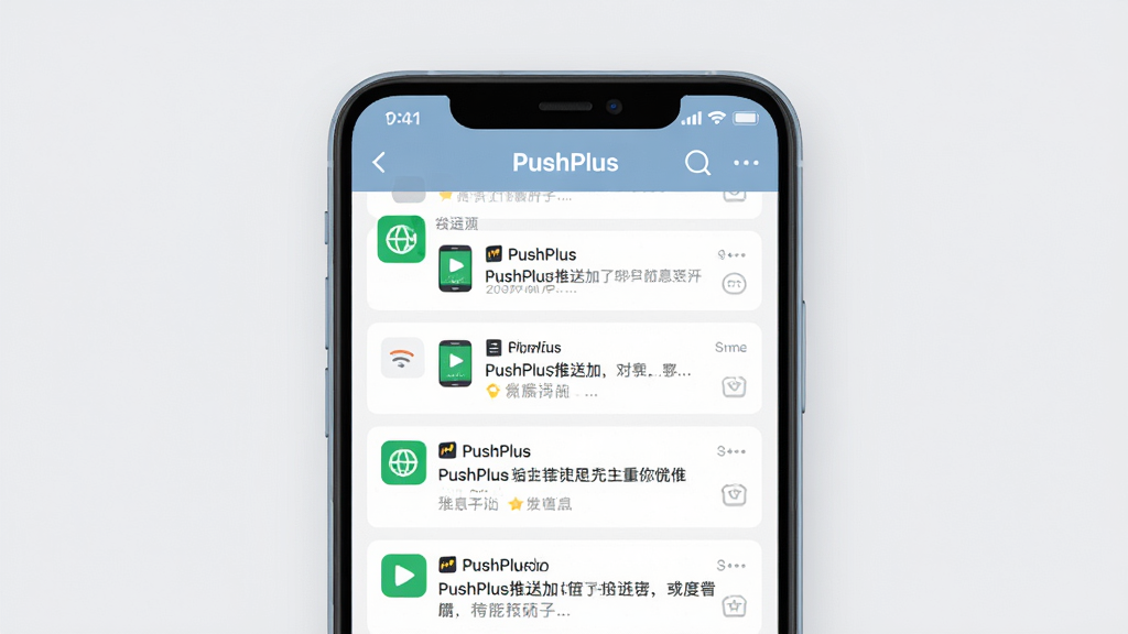 һ��չʾPushPlus���ͼ��������Ĺ��ܵĳ���ͼ������Ϊһ����׿�ֻ���Ļ����Ļ����ʾ΢�Ź��ں���Ϣ���ͽ��棬�������ж�������֪ͨ��Ƭ������Ϊ�ֻ����з��ã�����Ϊ����ǳ��ɫ�����Ϊ�ִ��Ƽ��б�ƽ����ƣ�ϸ�ڰ����ֻ��߿�Բ�ǡ����Ϳ�Ƭ����Сͼ�������ժҪ��������PushPlus���������ʸ��塢�ɾ����޶���Ԫ��