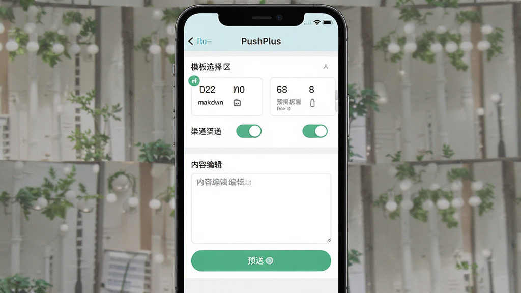 һ��չʾPushPlus��Ϣģ�����ý����ͼƬ������Ϊ�ֻ���Ļ�ϵ�PushPlus����ҳ�棬����Ϊ���½ṹ���Ϸ�Ϊģ��ѡ�������·�Ϊ���ݱ༭��ͷ��Ͱ�ť�����Ϊ����ǳɫUI��ƣ�ϸ�ڰ���Markdownͼ�ꡢ����ѡ�񿪹ء�Ԥ����ť�����ʸ��塢�ɾ����޶���Ԫ��