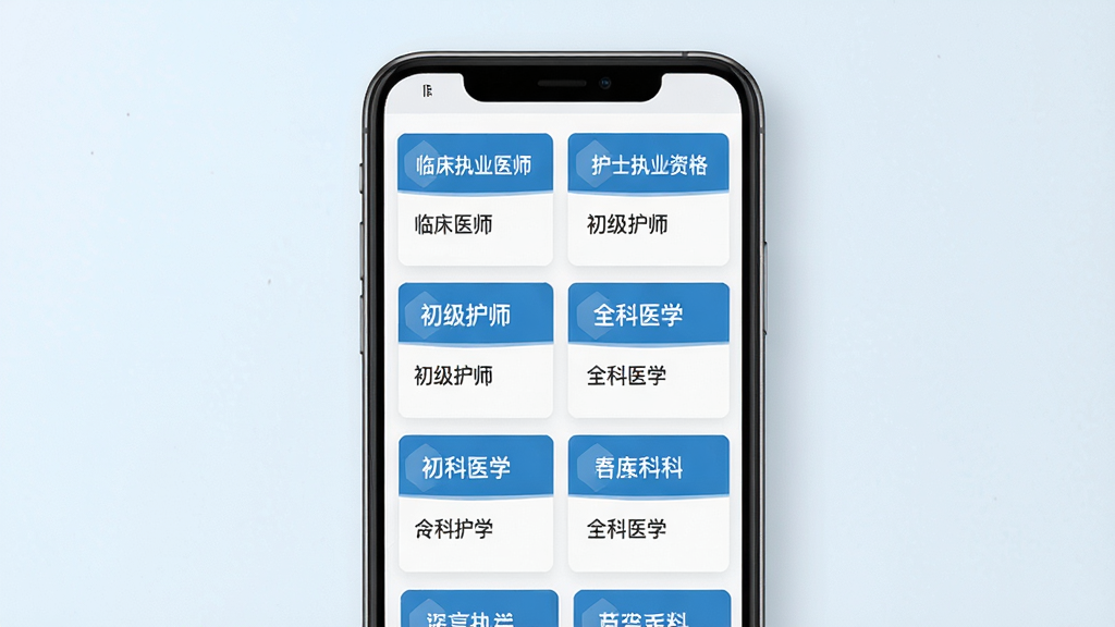 医学考试真题库应用内科目分类页面预览图,画面主体为手机屏幕,屏幕中展示多个医学考试科目卡片,包括临床执业医师、护士执业资格、初级护师、全科医学等,卡片采用蓝白配色,排列整齐。背景为柔和浅色,风格清新简洁,细节清楚,画质干净,无多余装饰元素。