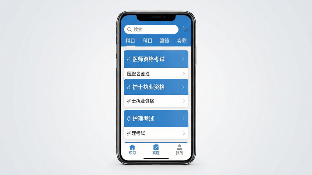 医学考试真题库手机应用主界面展示,画面中央是一部竖屏智能手机,屏幕内呈现蓝色与白色为主的医学题库应用首页,顶部显示搜索框与科目分类标签,中部排列着医师资格考试、护士执业资格、护理考试等科目卡片,底部为练习、真题、我的等导航按钮。背景为干净的浅灰色渐变,风格简洁专业,细节清晰,画质高清,无多余元素。