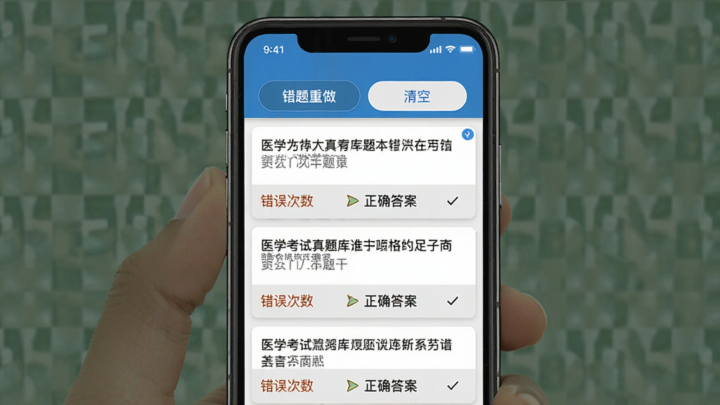 医学考试真题库错题本功能界面展示,手机屏幕内呈现错题列表页面,每道题下方标注错误次数与正确答案,顶部有错题重做与清空按钮。画面布局清晰,风格简洁,蓝白灰配色,细节锐利,画质高清,无杂乱元素。