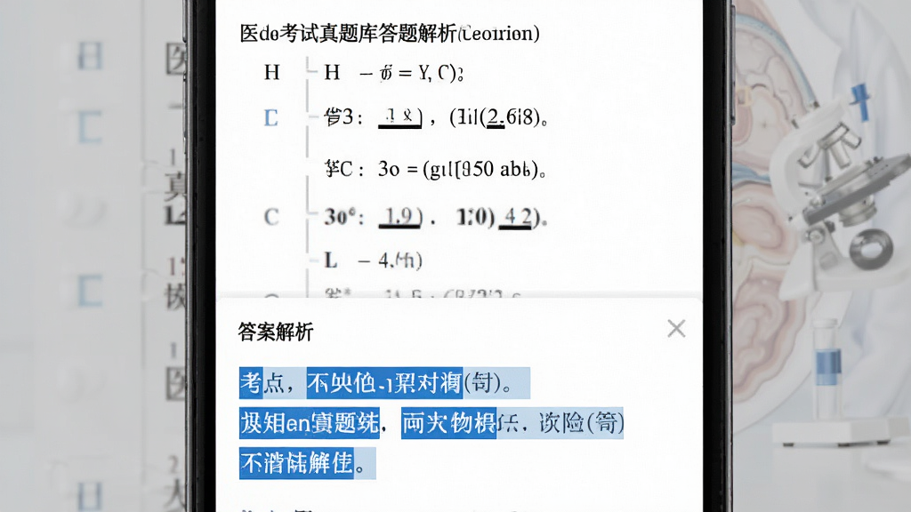 医学考试真题库答题解析页面预览,手机屏幕显示一道医学选择题,下方展开答案解析区域,用蓝色高亮标注考点关键词。整体界面干净整洁,字体清晰,背景为白色,风格专业,画质细腻,无多余元素。