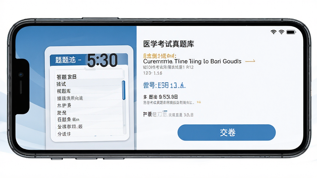 医学考试真题库模拟考试界面展示,手机屏幕内显示考试倒计时、答题卡与当前题目,底部有交卷按钮。画面风格简洁严肃,蓝白配色,布局清晰,细节完整,画质高清,无多余元素。