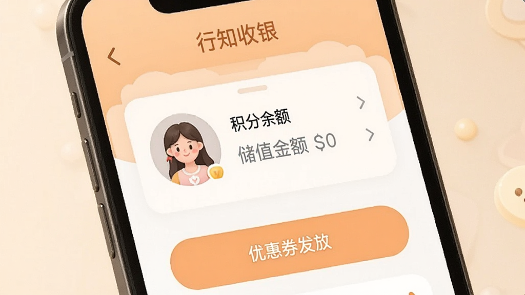手机屏幕展示“行知收银”会员管理界面,显示会员头像、积分余额和储值金额,下方有优惠券发放按钮,界面风格温馨亲切,色彩柔和,画质干净,无多余元素