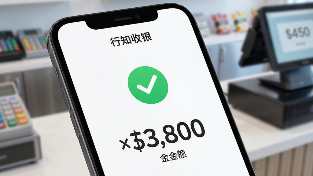 手机屏幕特写展示“行知收银”收款成功界面,绿色对勾图标醒目,金额数字大而清晰,背景为虚化的收银台场景,风格简洁科技感,画面干净,画质高清,无多余元素