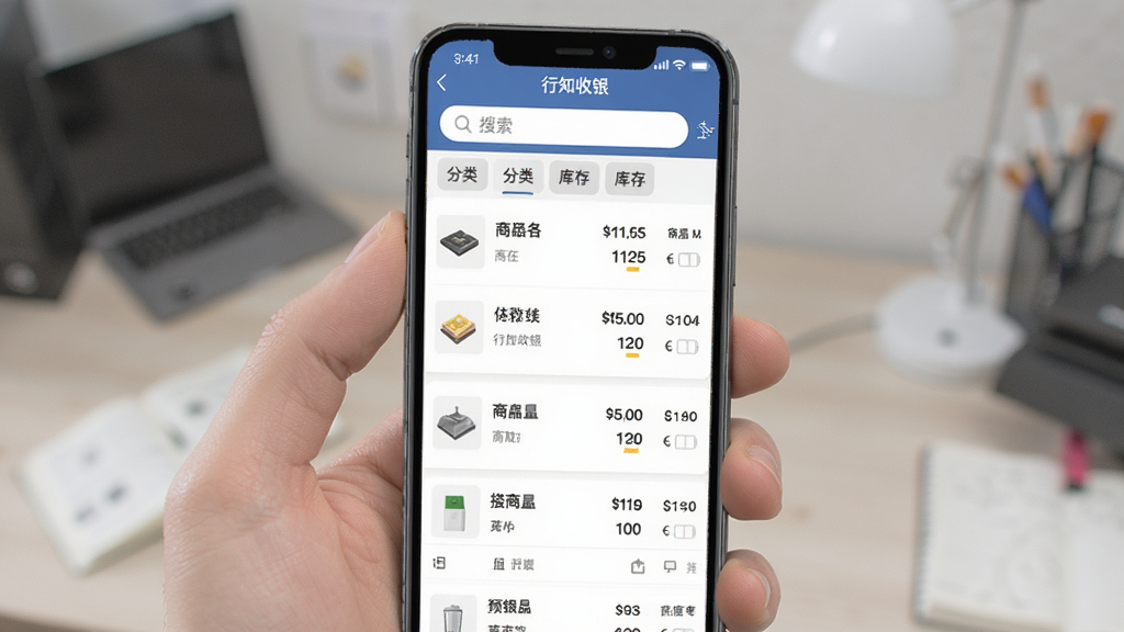 手机屏幕显示“行知收银”商品管理页面,列表展示多种商品名称、价格与库存数量,页面顶部有搜索框和分类标签,风格清爽商务,布局整齐,画质清晰,无多余元素