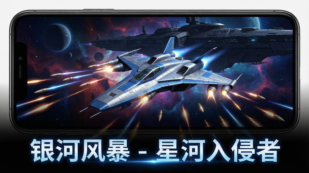 一张充满科幻感的手机游戏宣传图,画面中央是一架银蓝相间的流线型星际战机,正发射出密集的激光弹幕,背景是深邃的宇宙星云和巨大的外星母舰轮廓,画面下方用发光字体写着“银河风暴 - 星河入侵者”,整体风格为写实科幻CG,细节丰富,色彩对比强烈,画质高清,干净无多余元素