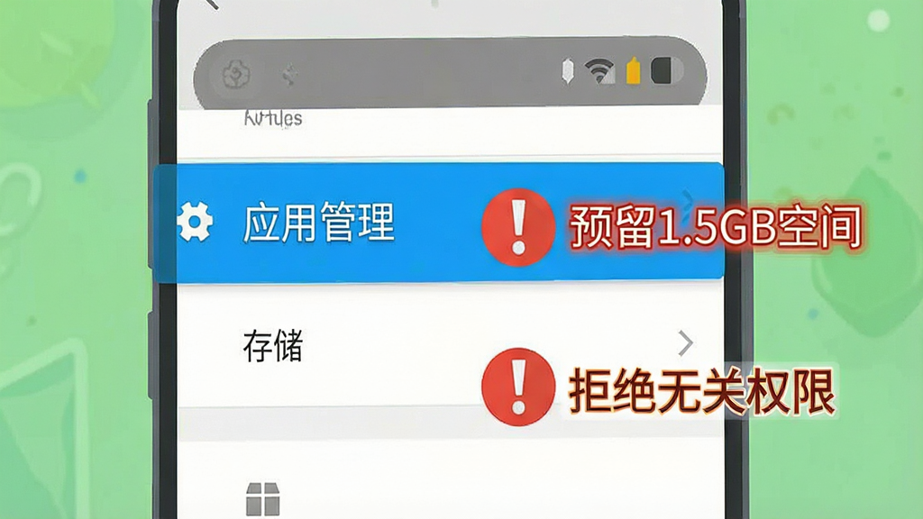 一张手机屏幕截图风格的示意图,画面中央是一个安卓手机的设置界面,高亮显示“应用管理”和“存储”选项,旁边用红色感叹号标注“预留1.5GB空间”和“拒绝无关权限”,风格为扁平化教程插图,文字清晰,色彩明快,画质干净