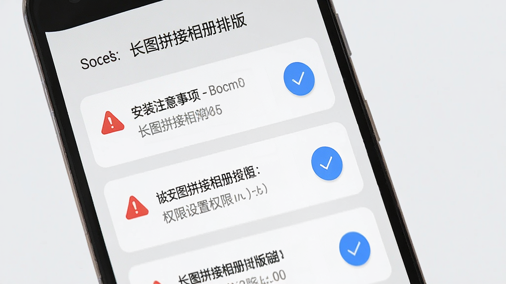 一部安卓手机屏幕显示“长图拼接相册排版”软件的新手引导页面,画面中列出安装注意事项与权限设置步骤,背景为浅灰色。主体为引导卡片列表,布局为纵向排列,排版清晰,风格为友好提示风,细节包括红色警示图标、蓝色勾选按钮、灰色说明文字。画质高清,干净,无多余元素。