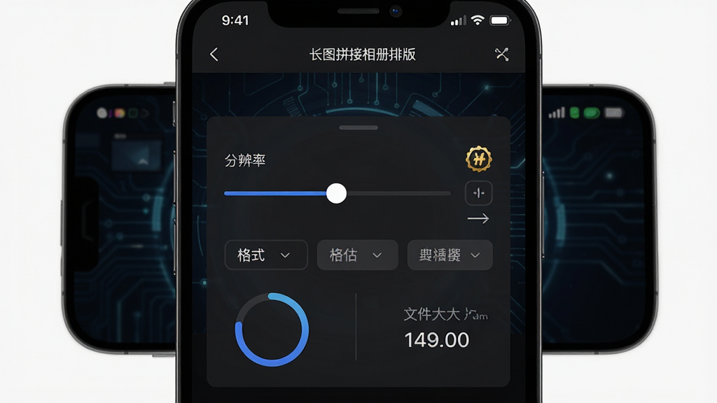 一部手机屏幕显示“长图拼接相册排版”软件的导出设置页面,画面中央为分辨率选择滑块和格式选项按钮,背景为深色科技感界面。主体为导出参数面板,布局为上下排列,排版简洁,风格为暗色专业工具风,细节包括高清标识、进度环、文件大小预估数值。画质高清,干净,无多余元素。