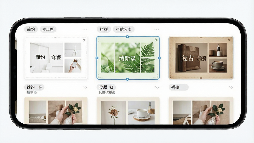 手机屏幕展示“长图拼接相册排版”软件的模板选择界面,画面中排列着多个不同风格的相册排版模板缩略图,包括简约白、清新绿、复古棕等。主体为模板网格列表,布局为三列网格,排版整齐,风格为清新浅色UI,细节包括模板预览小图、选中高亮边框、分类标签。画质高清,干净,无多余元素。