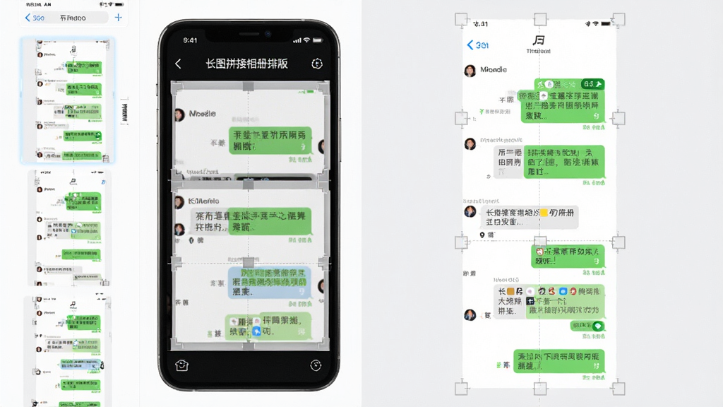 手机屏幕展示“长图拼接相册排版”软件正在拼接多张聊天截图,画面中左侧为原始截图列表,右侧为拼接后的完整长图预览。主体为手机界面与长图,布局为左右分栏,排版为对比展示,风格为现代简约UI,细节包括自动裁剪标记、拼接缝隙消失效果、聊天气泡内容。画质高清,干净,无多余元素。