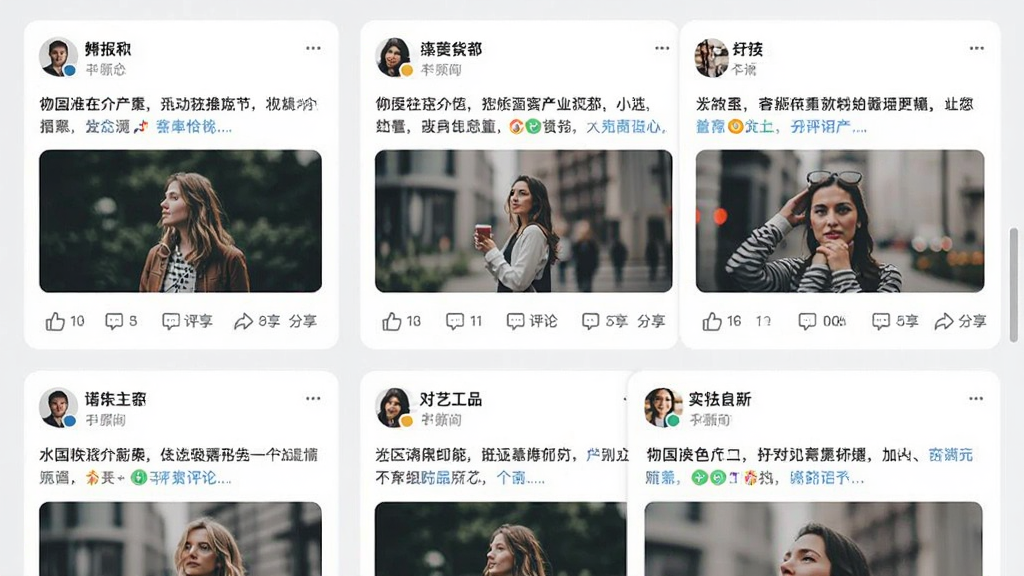 一个社交动态信息流界面展示,画面中排列着多条图文动态卡片,每张卡片包含用户头像、昵称、文字内容和配图,底部有点赞评论分享图标,整体布局清爽整齐,背景为浅灰色,风格简约现代,画质干净清晰
