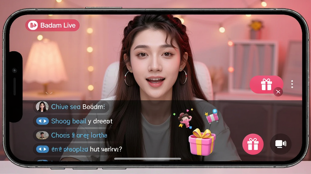 一个年轻主播正在使用Badam Live进行视频直播的手机界面截图,屏幕上半部分显示主播画面,下半部分滚动显示观众评论和虚拟礼物动画,画面右侧有礼物按钮和连麦图标,整体风格活泼鲜艳,画质细腻清晰,无多余元素